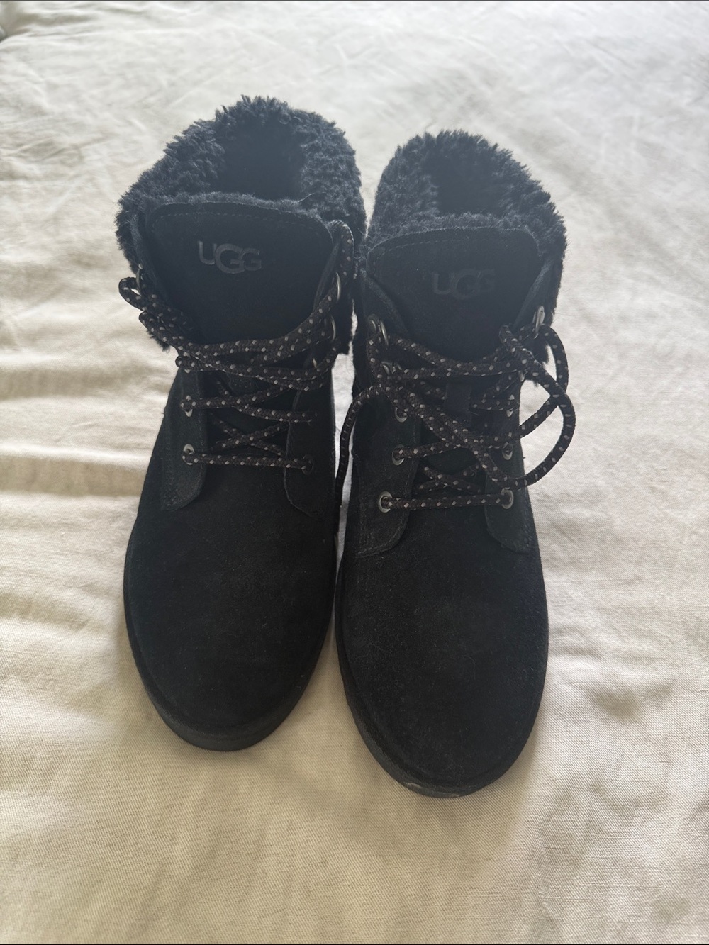 UGG Women's Black Lace-Up Shearling Collar Boots